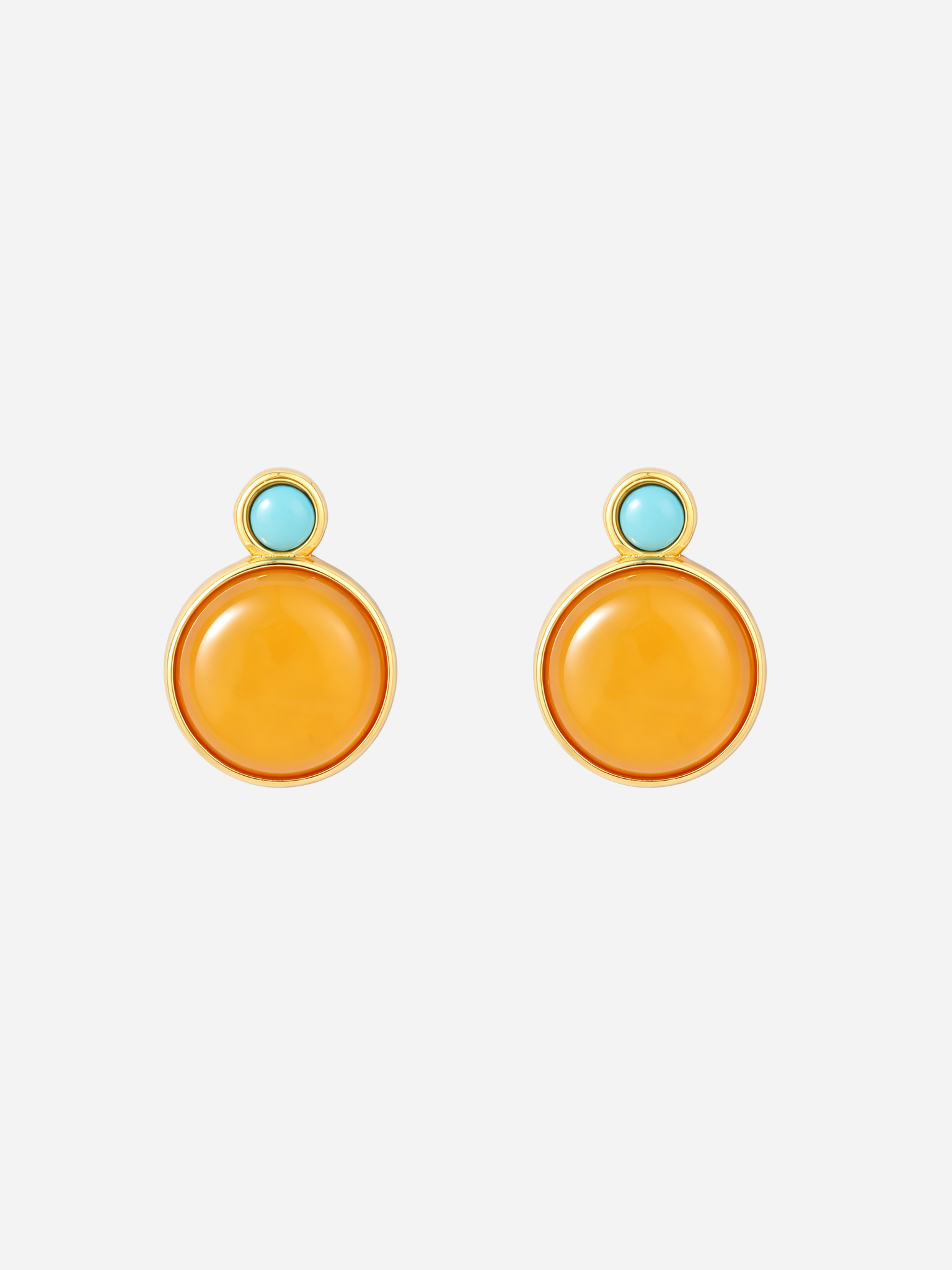 Round Turquoise Top Butterscotch Amber Stud Earrings