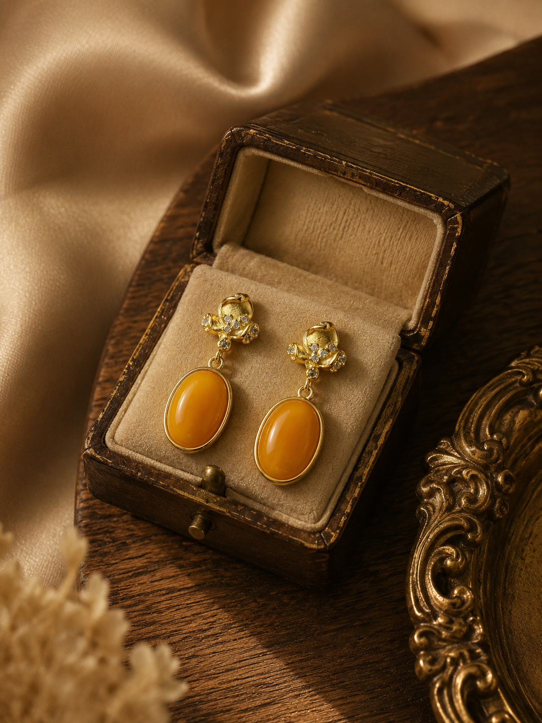 Floral Top Butterscotch Amber Drop Earrings