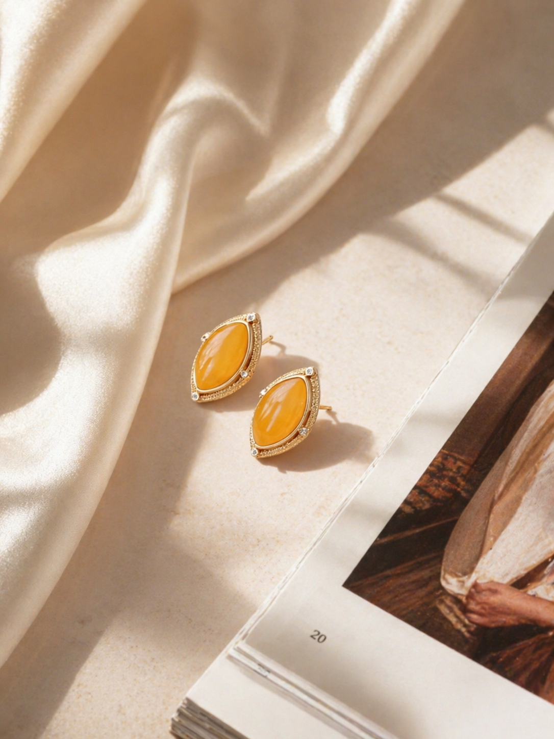 Art Deco Marquise Butterscotch Amber Stud Earrings