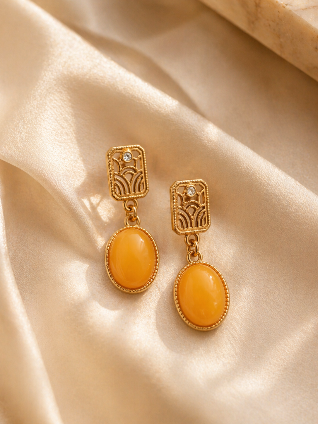 Art Deco Geometric Butterscotch Amber Drop Earrings