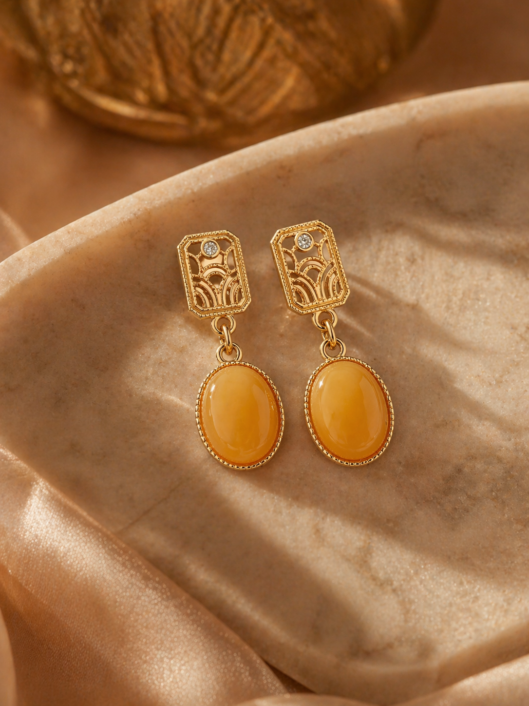 Art Deco Geometric Butterscotch Amber Drop Earrings