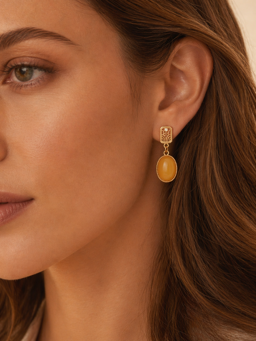 Art Deco Geometric Butterscotch Amber Drop Earrings