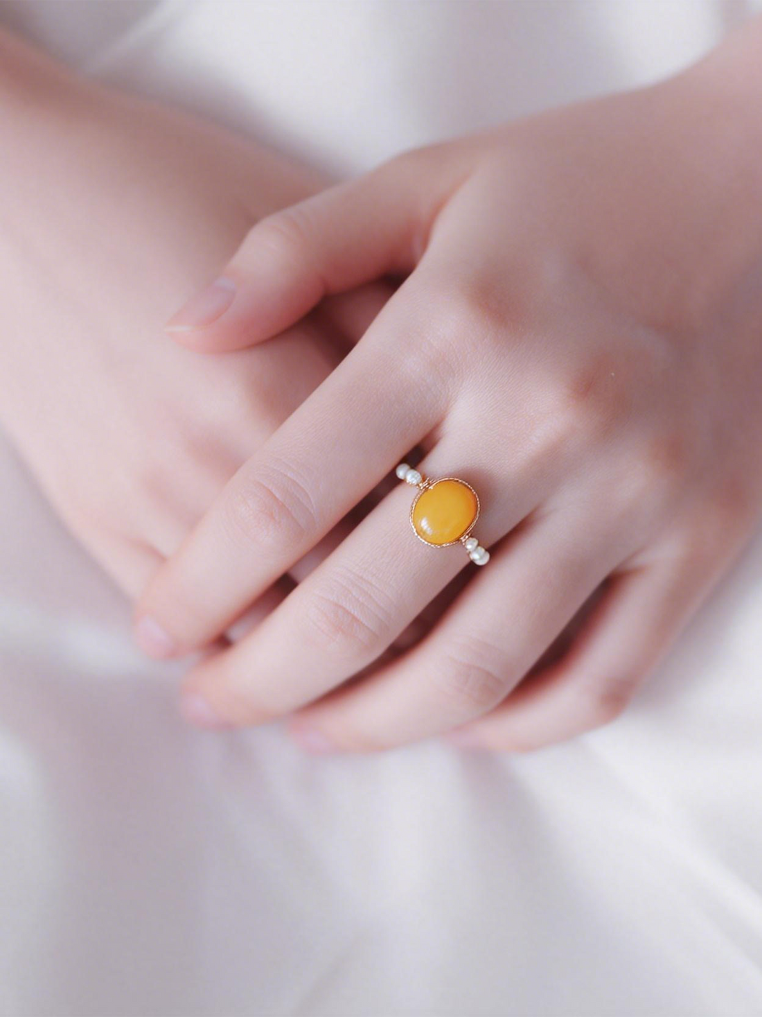 Luminous Pearl Butterscotch Amber Ring