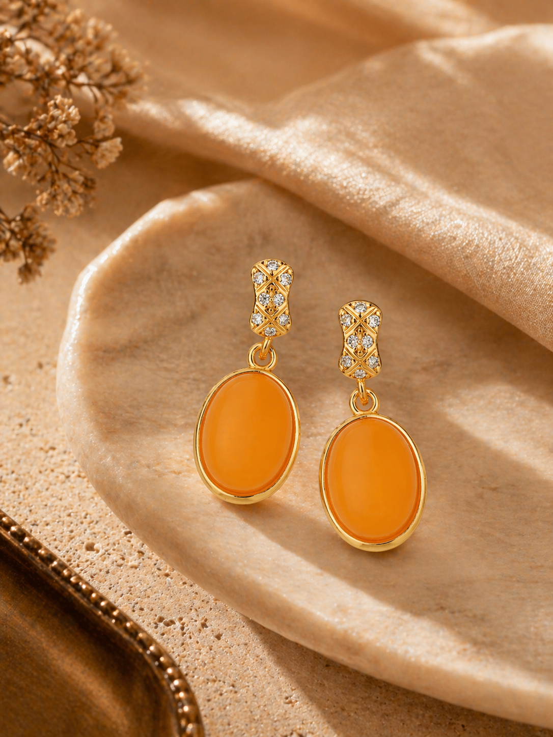 Glistening Lattice Butterscotch Amber Drop Earrings