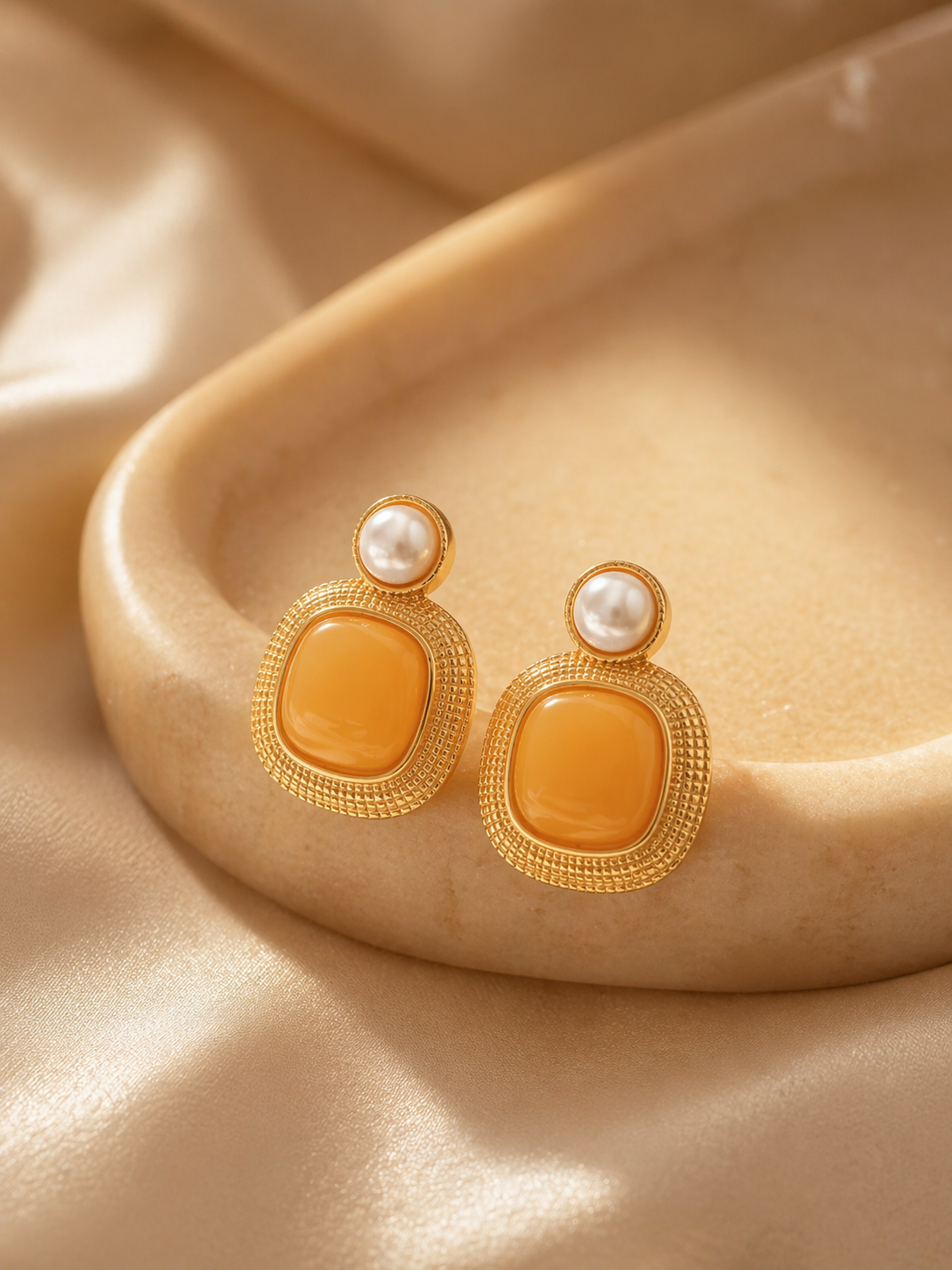 Quilted Medallion Butterscotch Amber Stud Earrings