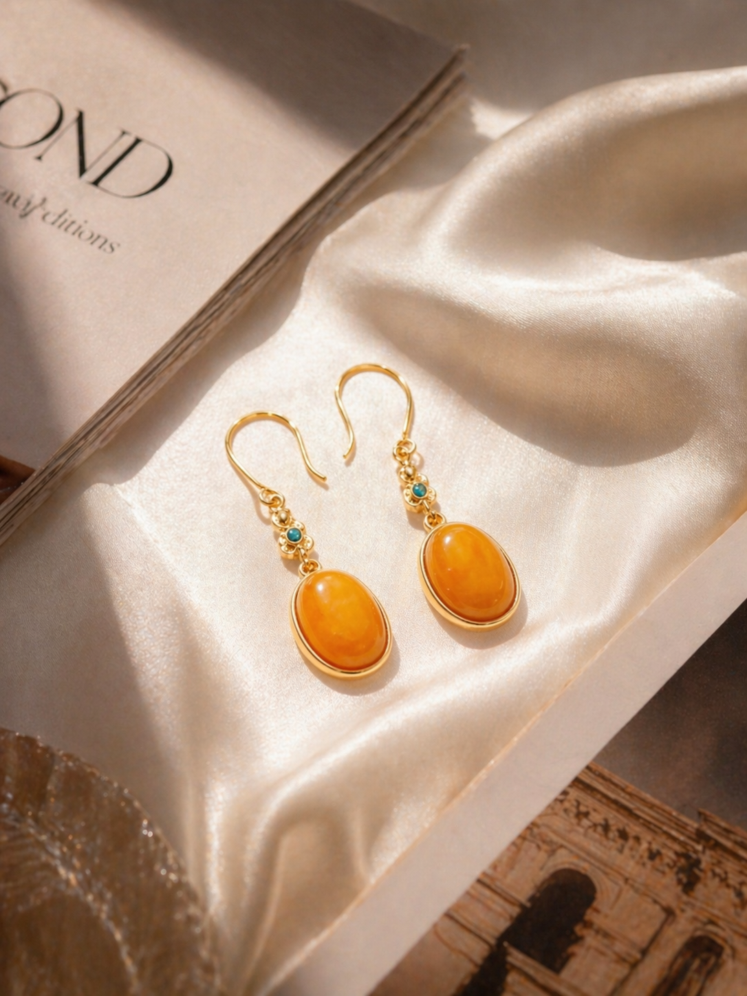 Nature Motif Oval Butterscotch Amber Drop Earrings