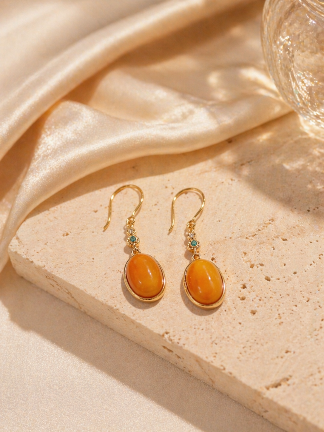 Nature Motif Oval Butterscotch Amber Drop Earrings
