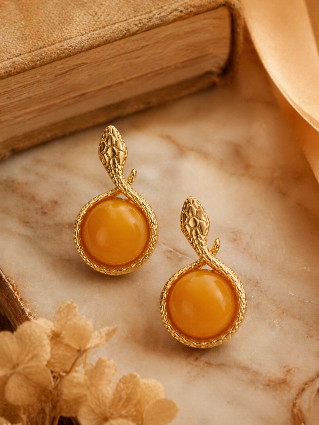 Snake Loop Butterscotch Amber Stud Earrings