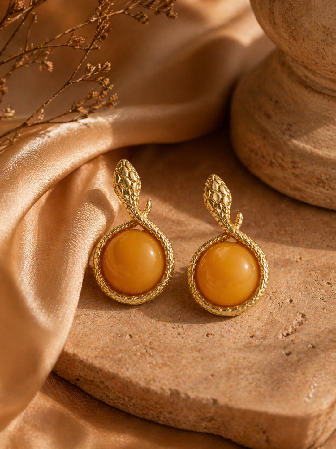 Snake Loop Butterscotch Amber Stud Earrings