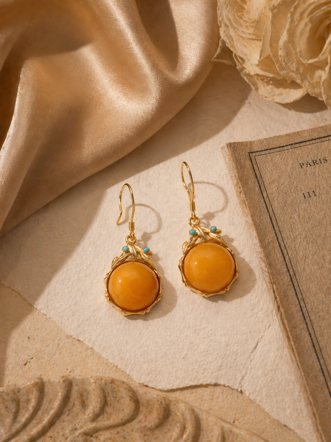 Nature Motif Round Butterscotch Amber Drop Earrings