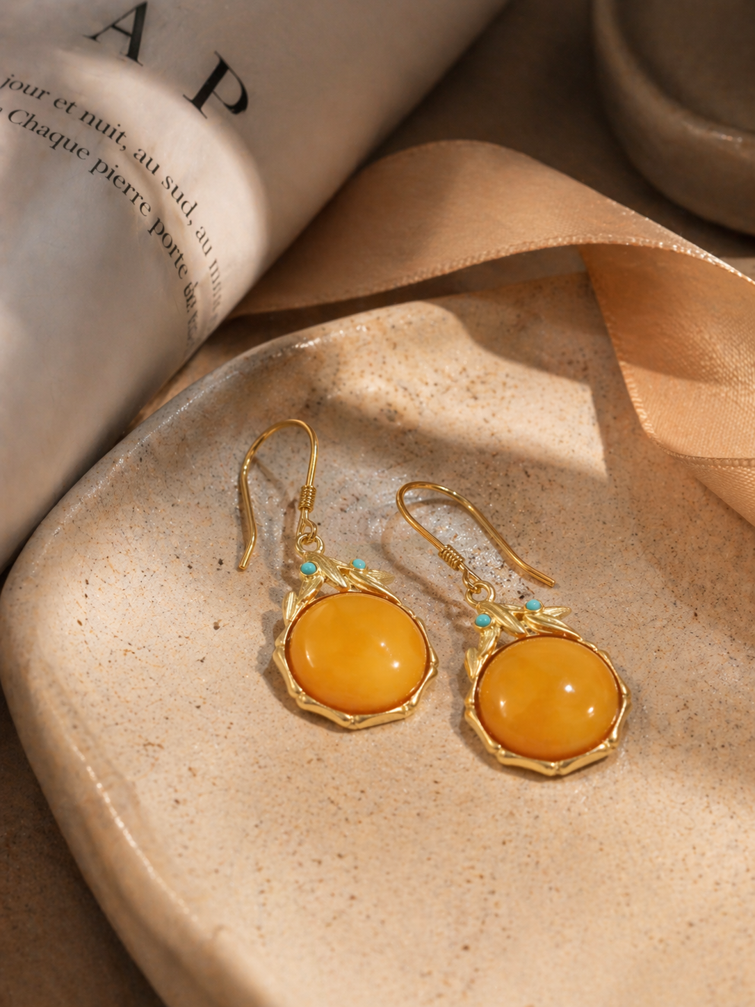 Nature Motif Round Butterscotch Amber Drop Earrings