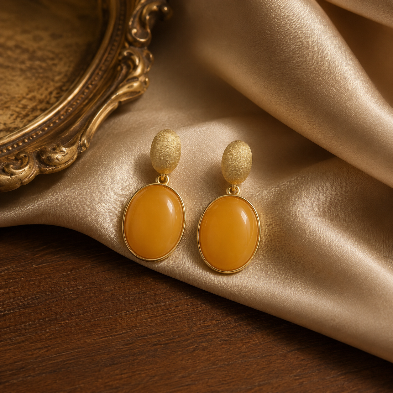 Brushed Oval Butterscotch Amber Drop Earrings