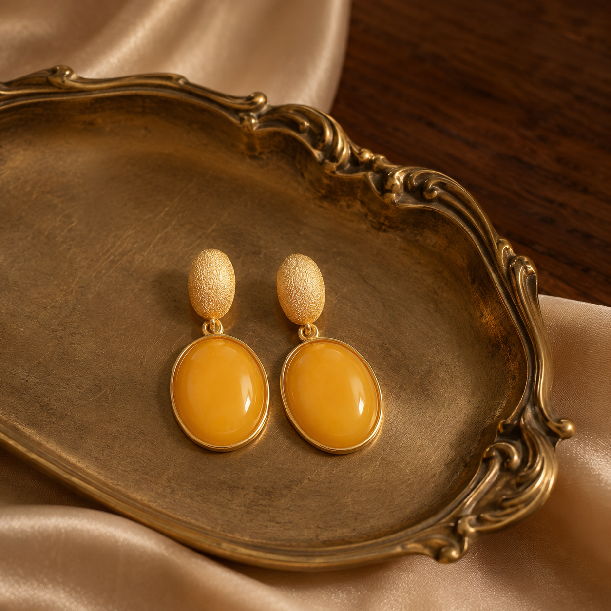 Brushed Oval Butterscotch Amber Drop Earrings