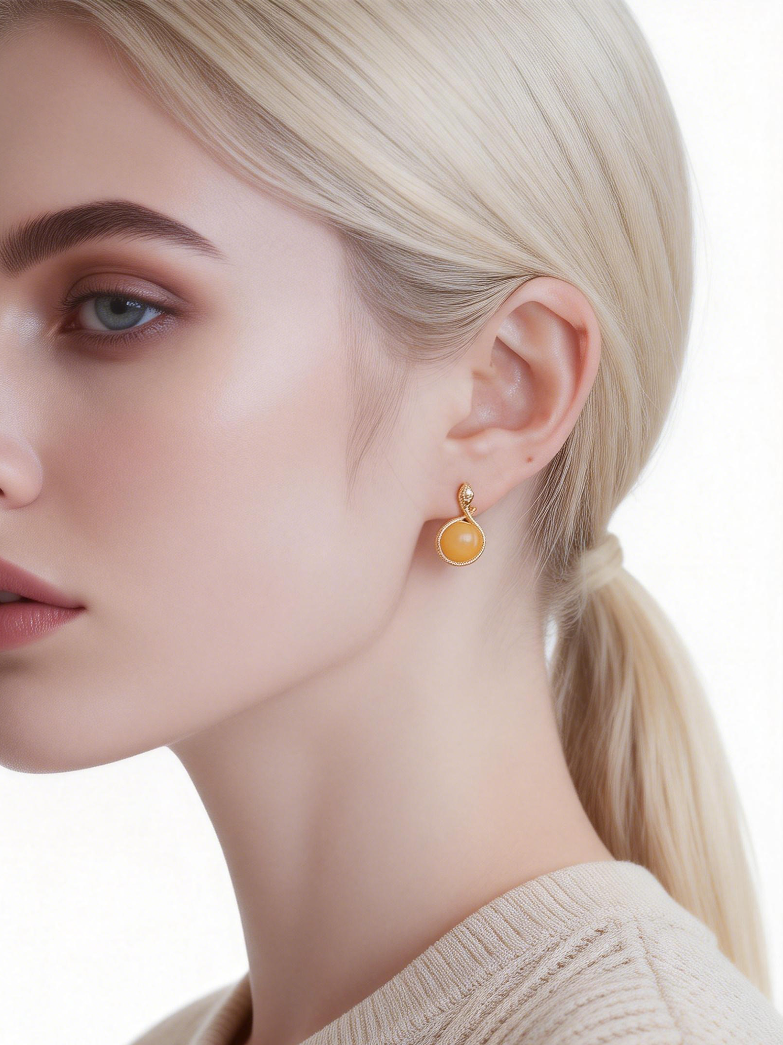 Snake Loop Butterscotch Amber Stud Earrings