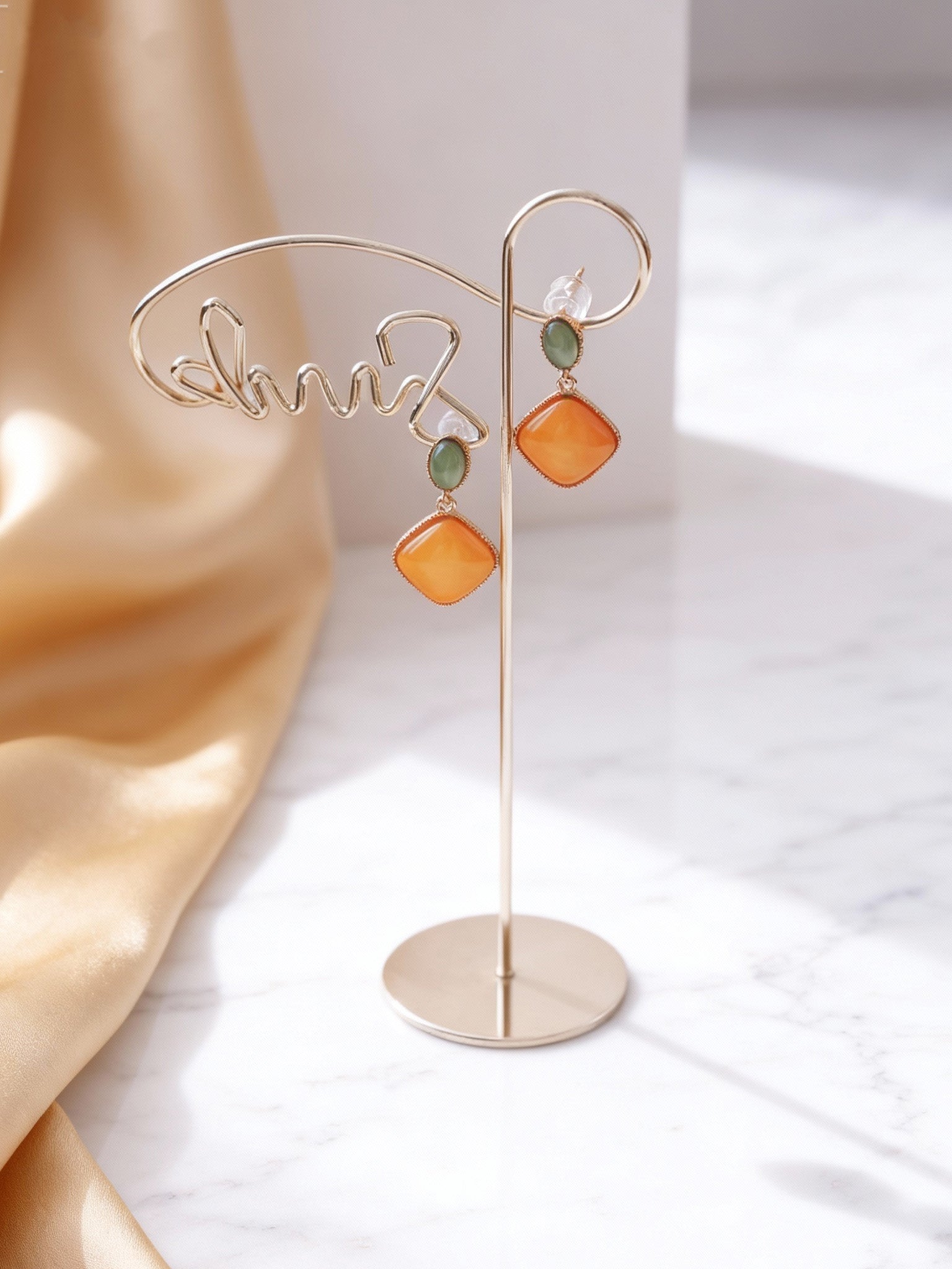 Nature Motif Square Butterscotch Amber Drop Earrings