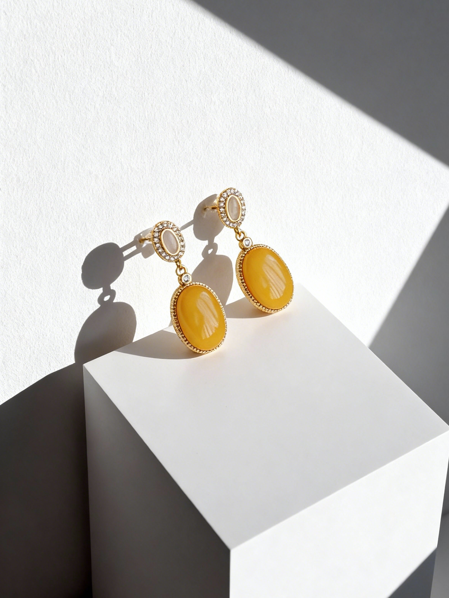 Crystal Top Oval Butterscotch Amber Drop Earrings