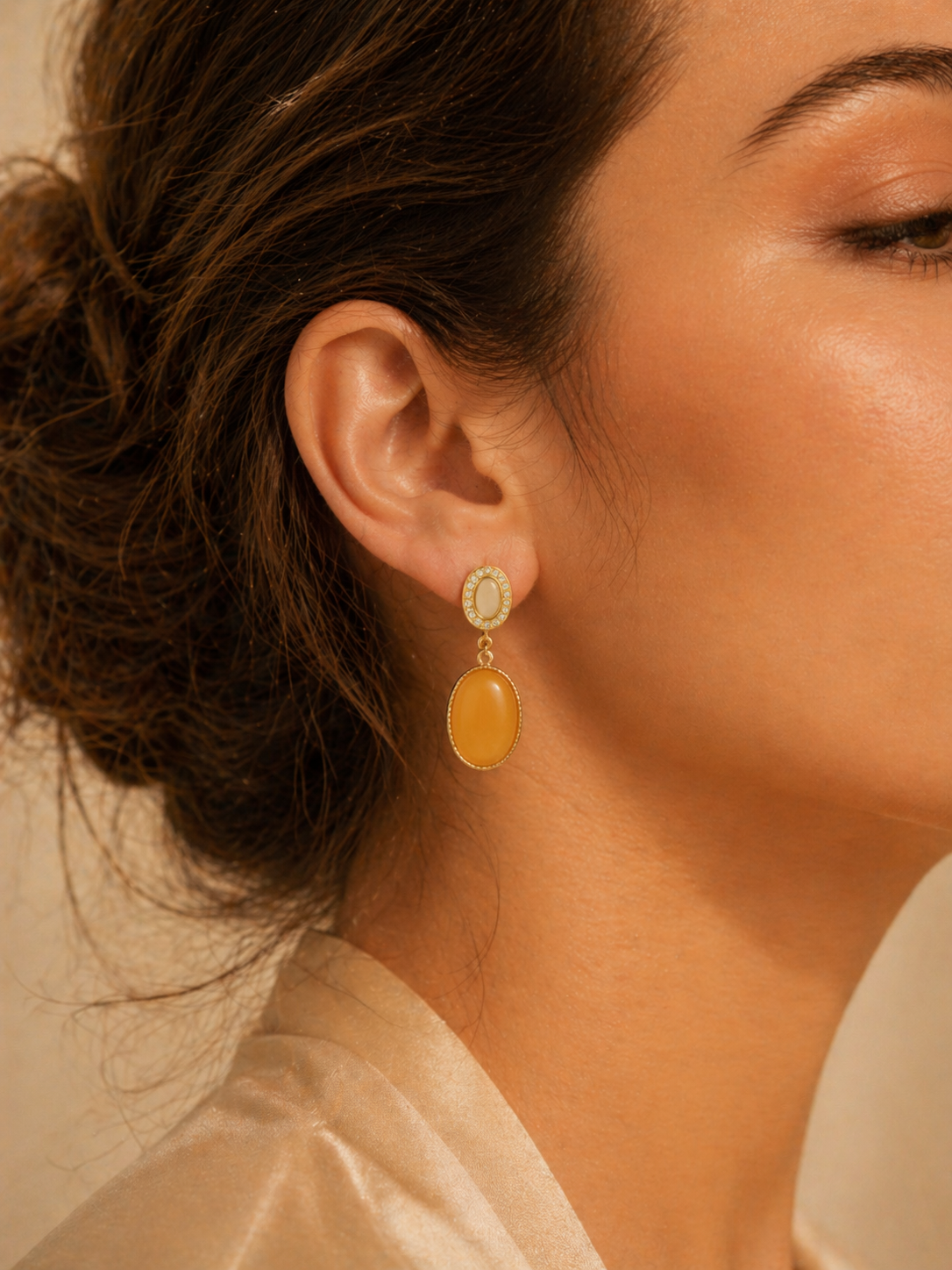 Crystal Top Oval Butterscotch Amber Drop Earrings