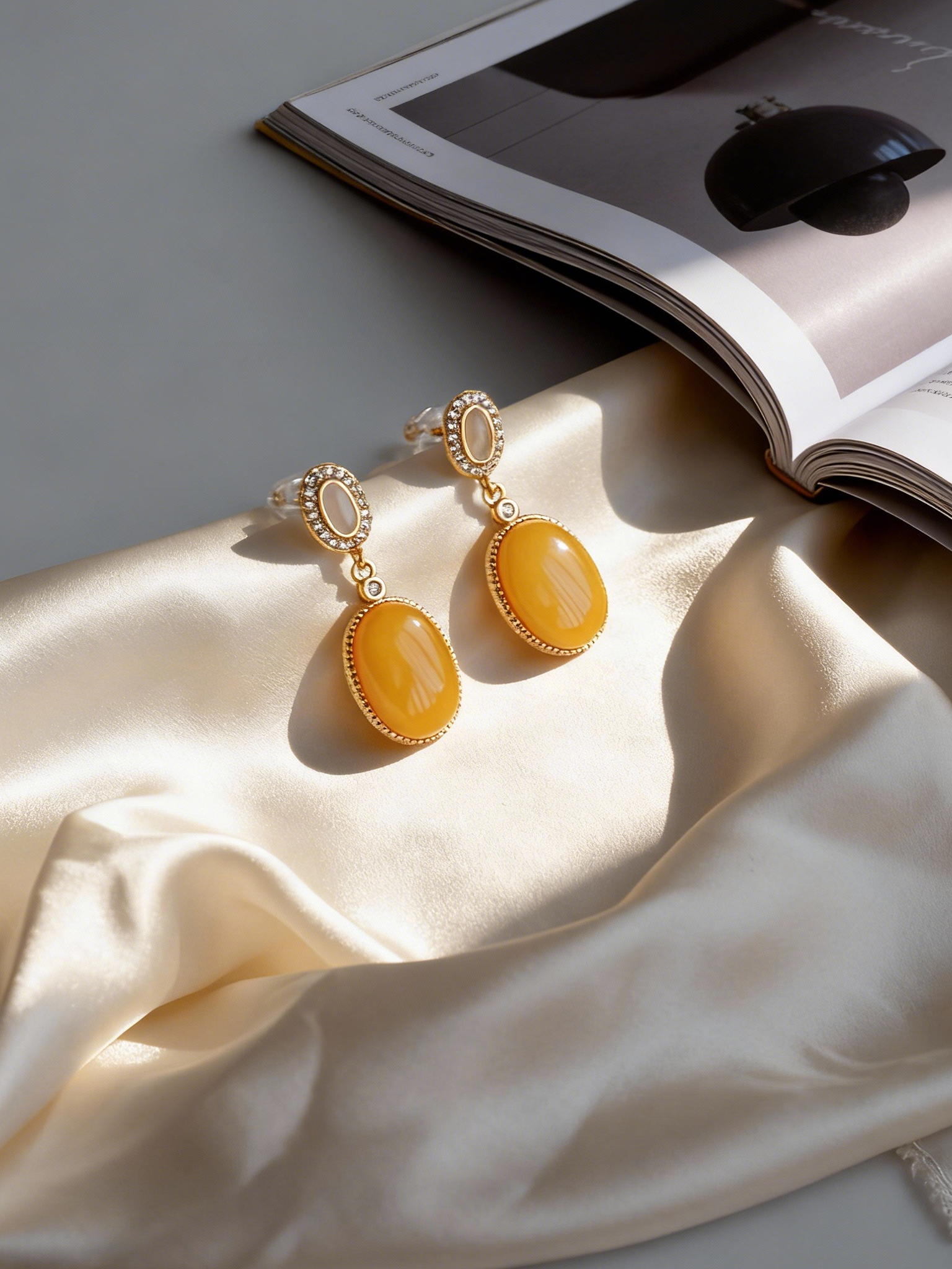Crystal Top Oval Butterscotch Amber Drop Earrings