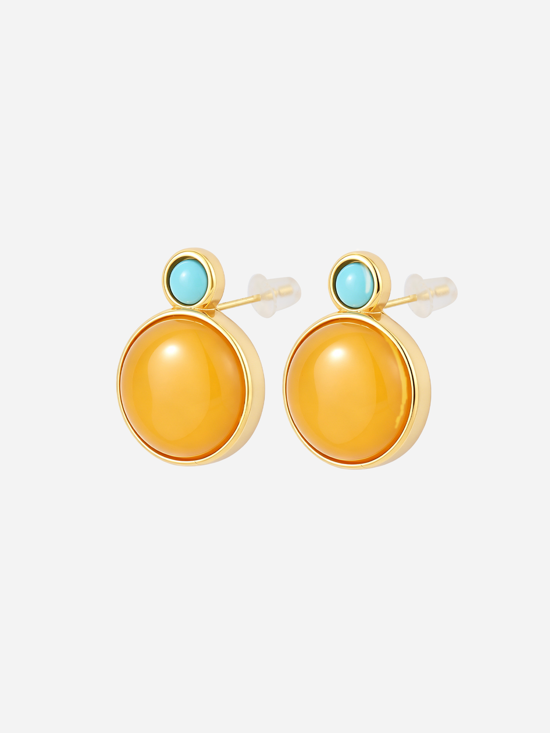 Round Turquoise Top Butterscotch Amber Stud Earrings
