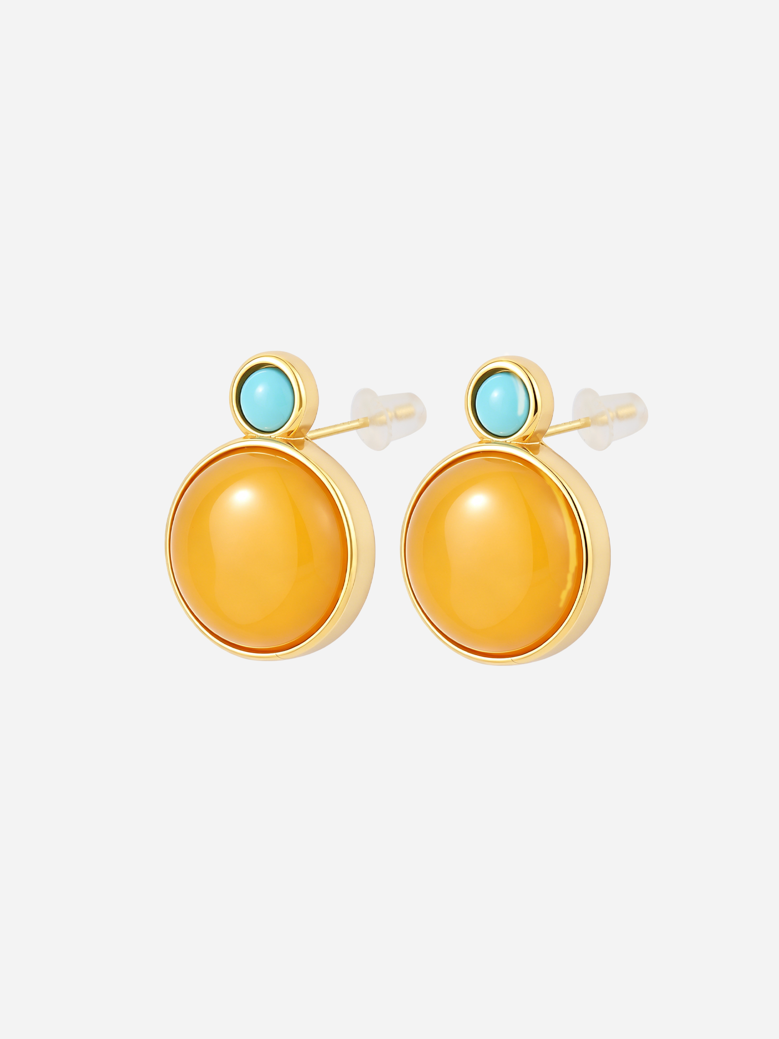 Round Turquoise Top Butterscotch Amber Stud Earrings