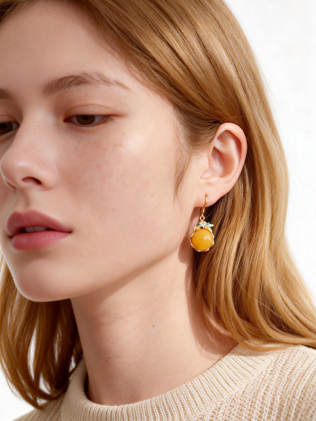 Nature Motif Round Butterscotch Amber Drop Earrings