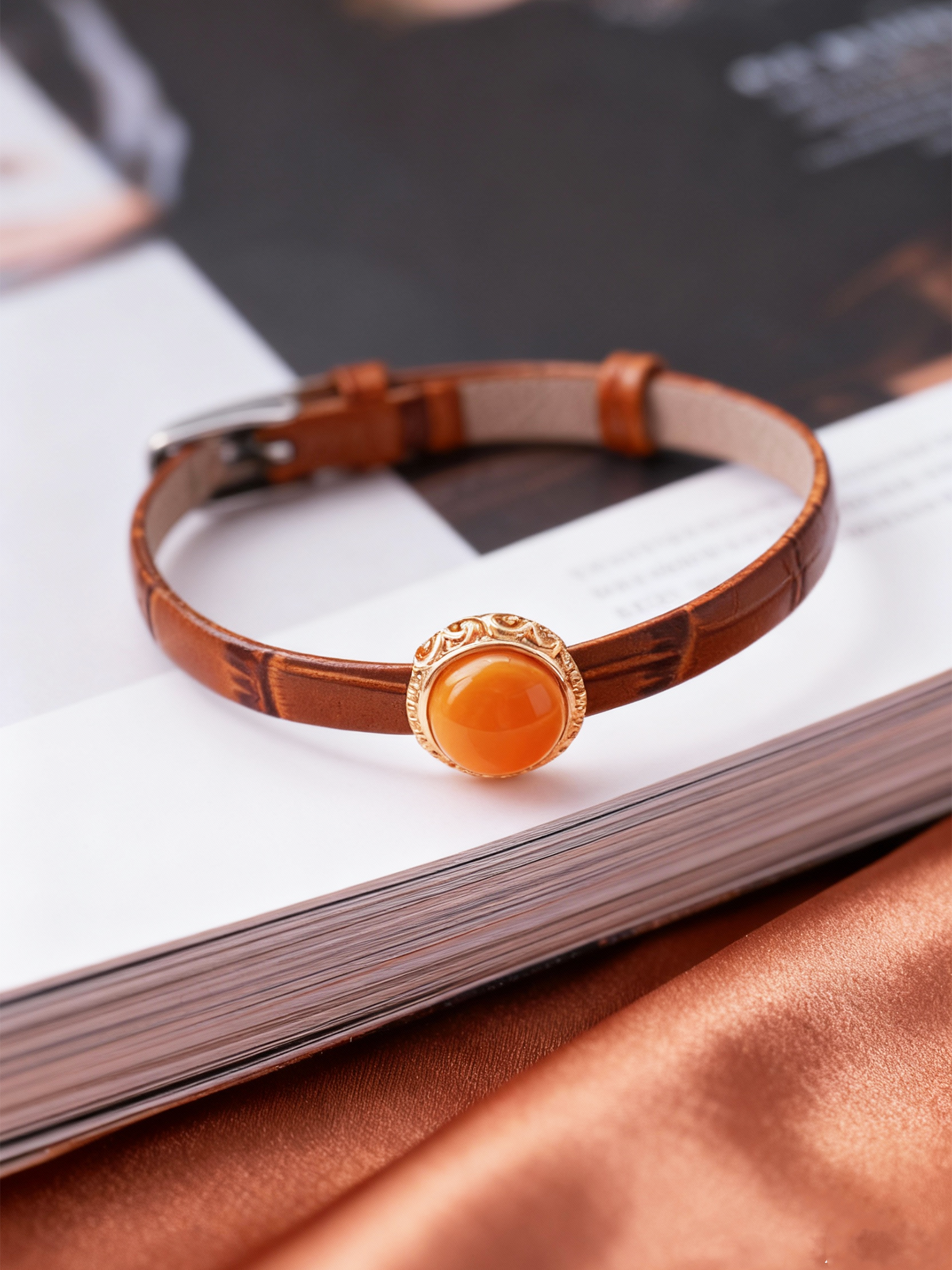 Heritage Filigree Butterscotch Amber Leather Bracelet