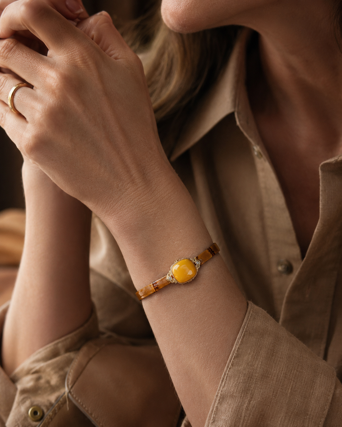 Butterscotch Amber Croc-Embossed Leather Bracelet