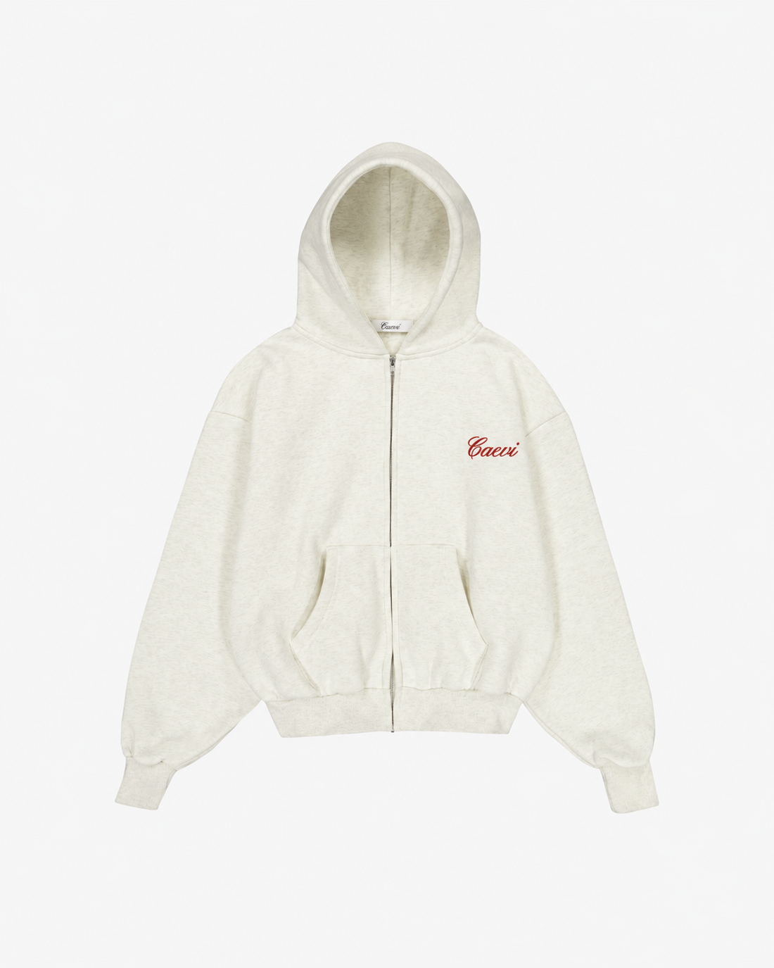 CAEVI Script Heavyweight Zip-Up Hoodie in Marle Oatmeal – model styling view