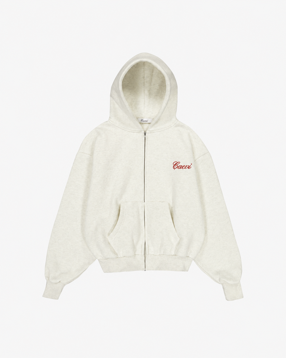 CAEVI Script Heavyweight Zip-Up Hoodie in Marle Oatmeal – front product view