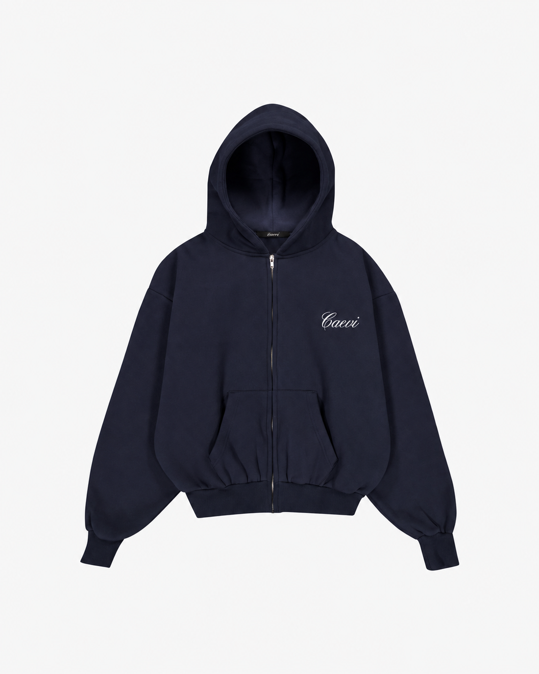 CAEVI Script Heavyweight Zip-Up Hoodie in Midnight – model styling view