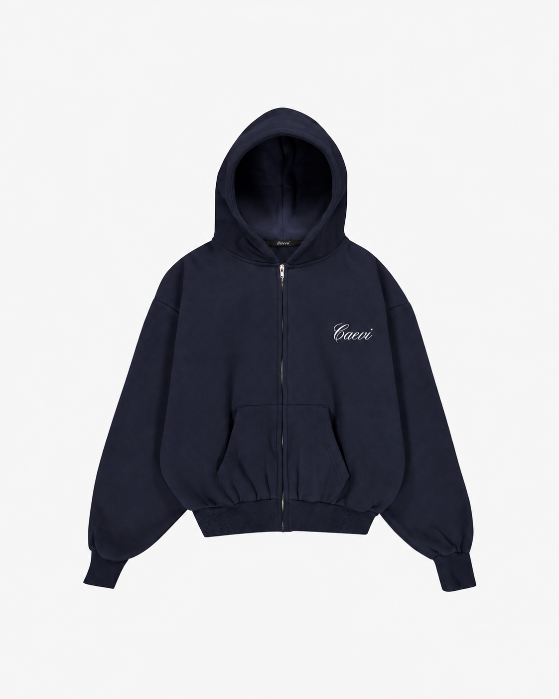CAEVI Script Heavyweight Zip-Up Hoodie in Midnight – front product view