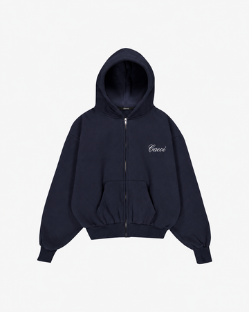 CAEVI Script Heavyweight Zip-Up Hoodie in Midnight – front product view