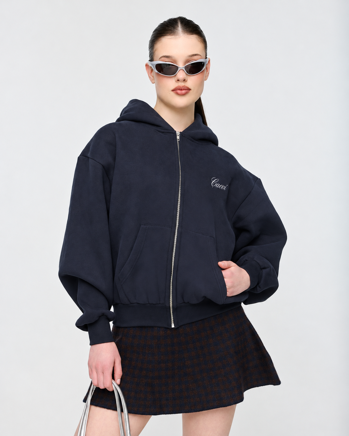 CAEVI Script Heavyweight Zip-Up Hoodie in Midnight – model styling view