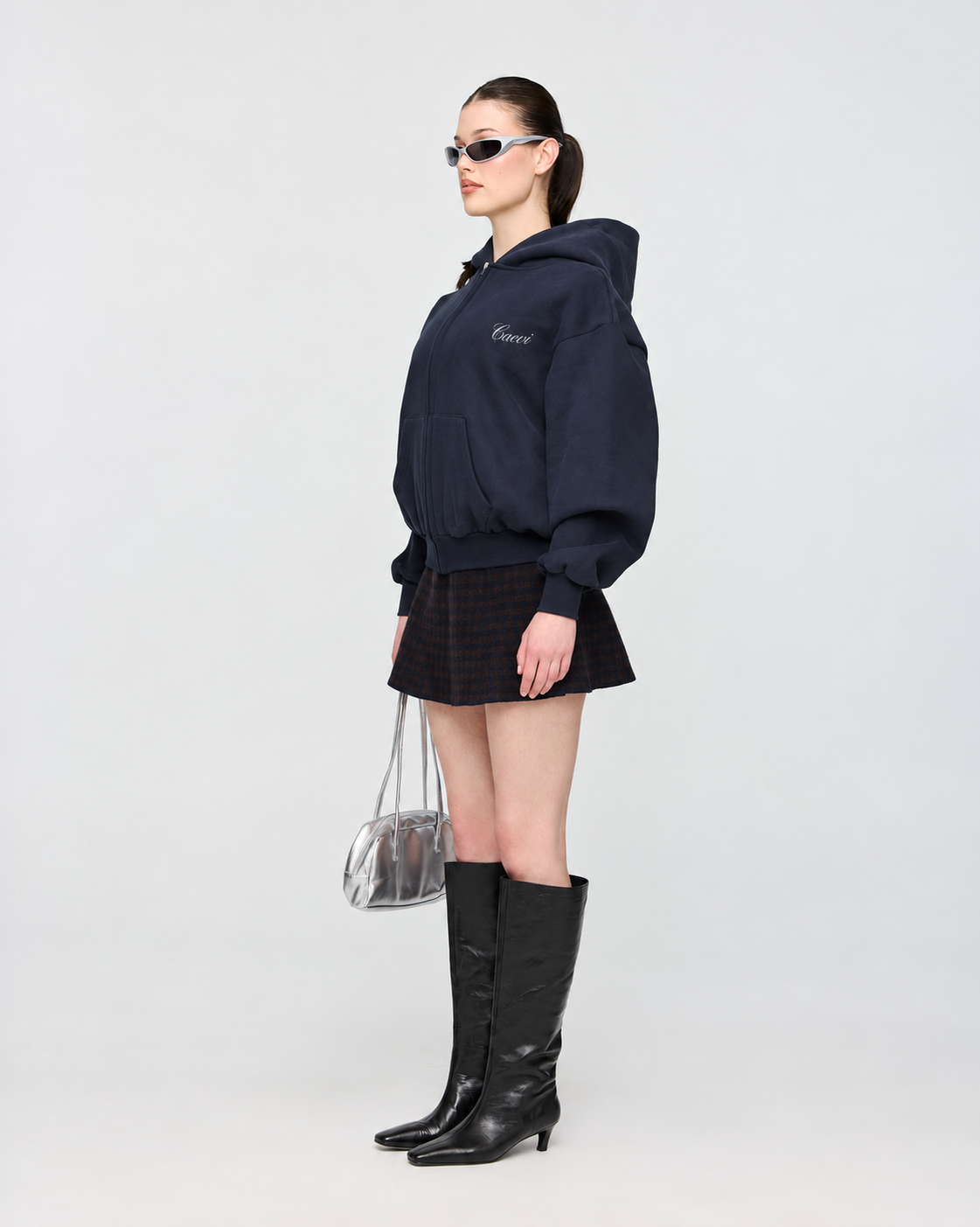 CAEVI Script Heavyweight Zip-Up Hoodie in Midnight – model styling view
