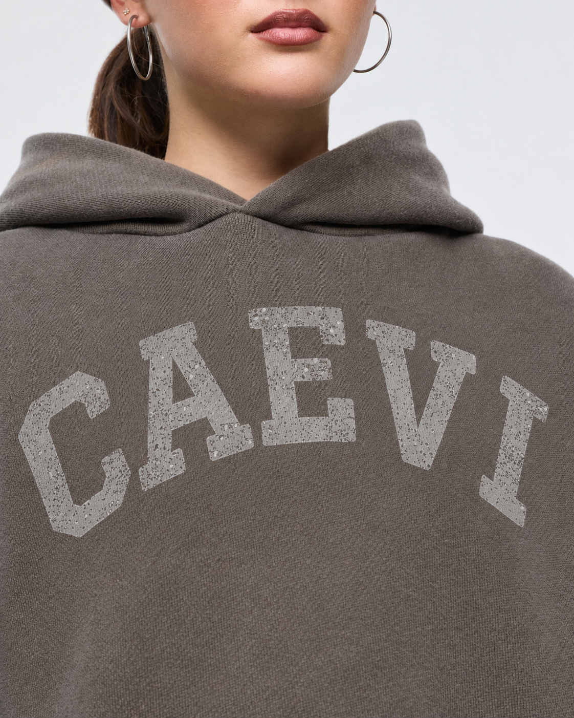 CAEVI Collegiate Heavyweight Hoodie in Vintage Charcoal – model styling view
