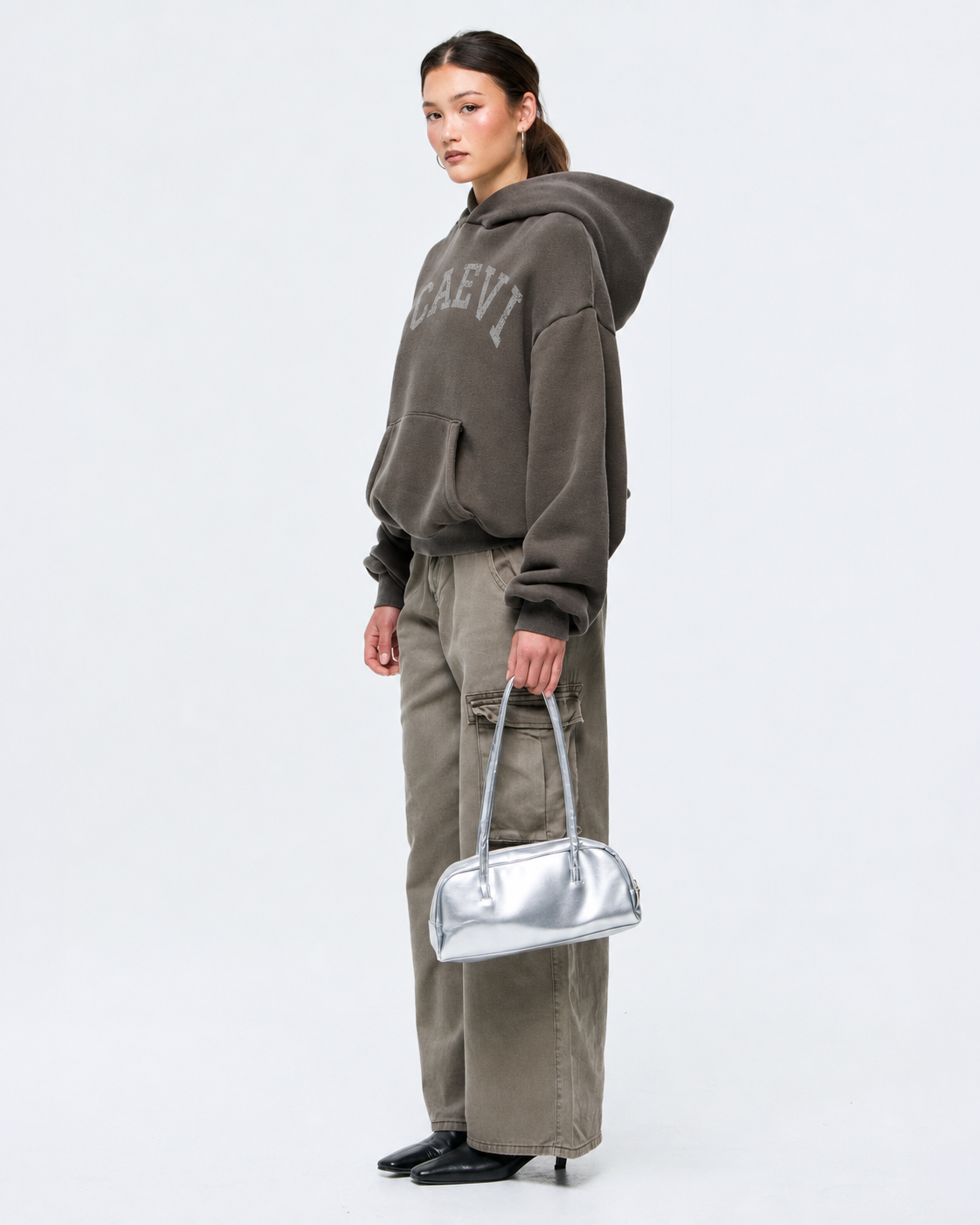 CAEVI Collegiate Heavyweight Hoodie in Vintage Charcoal – model styling view