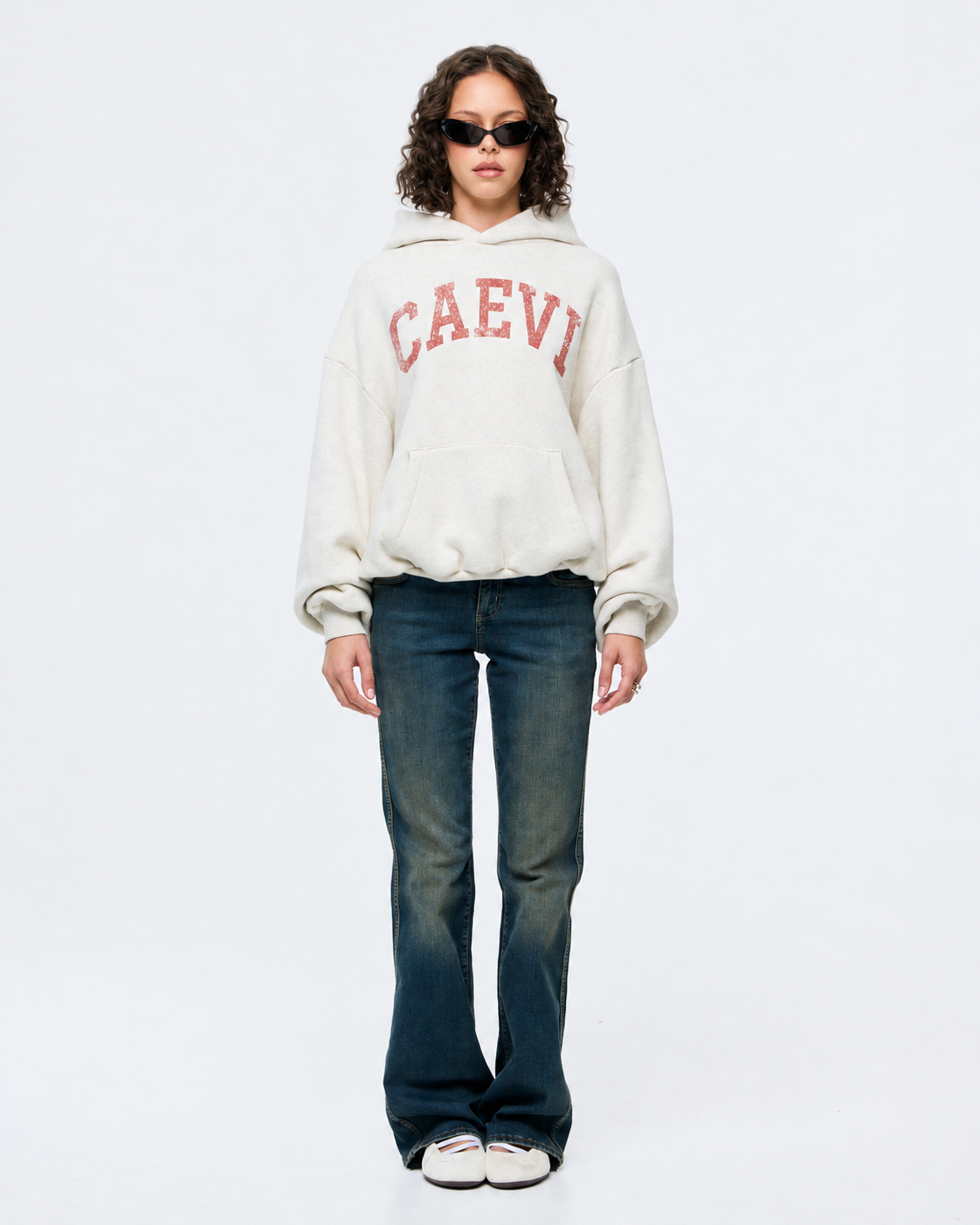 CAEVI Collegiate Heavyweight Hoodie in Vintage Oatmeal – model styling view