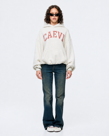CAEVI Collegiate Heavyweight Hoodie in Vintage Oatmeal – model styling view