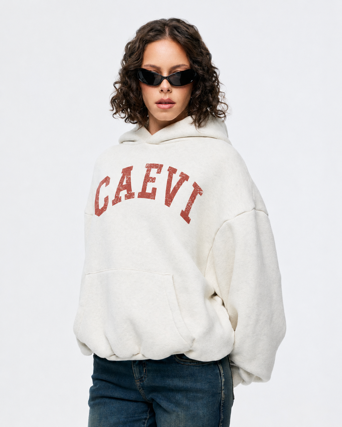 CAEVI Collegiate Heavyweight Hoodie in Vintage Oatmeal – model styling view