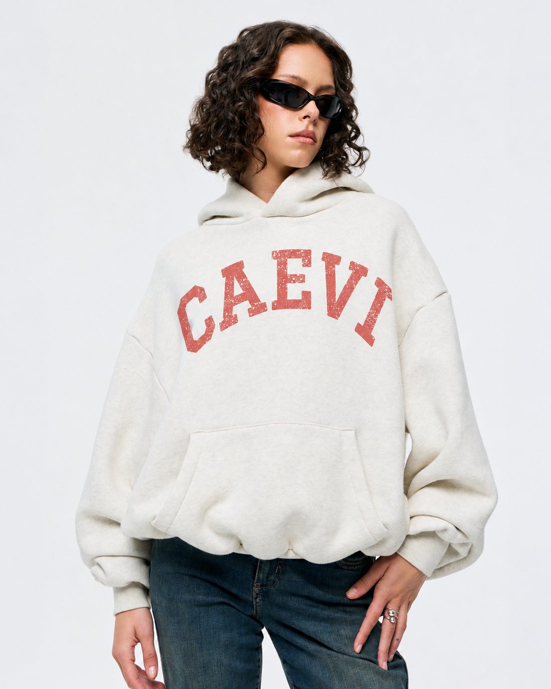 CAEVI Collegiate Heavyweight Hoodie in Vintage Oatmeal – model styling view