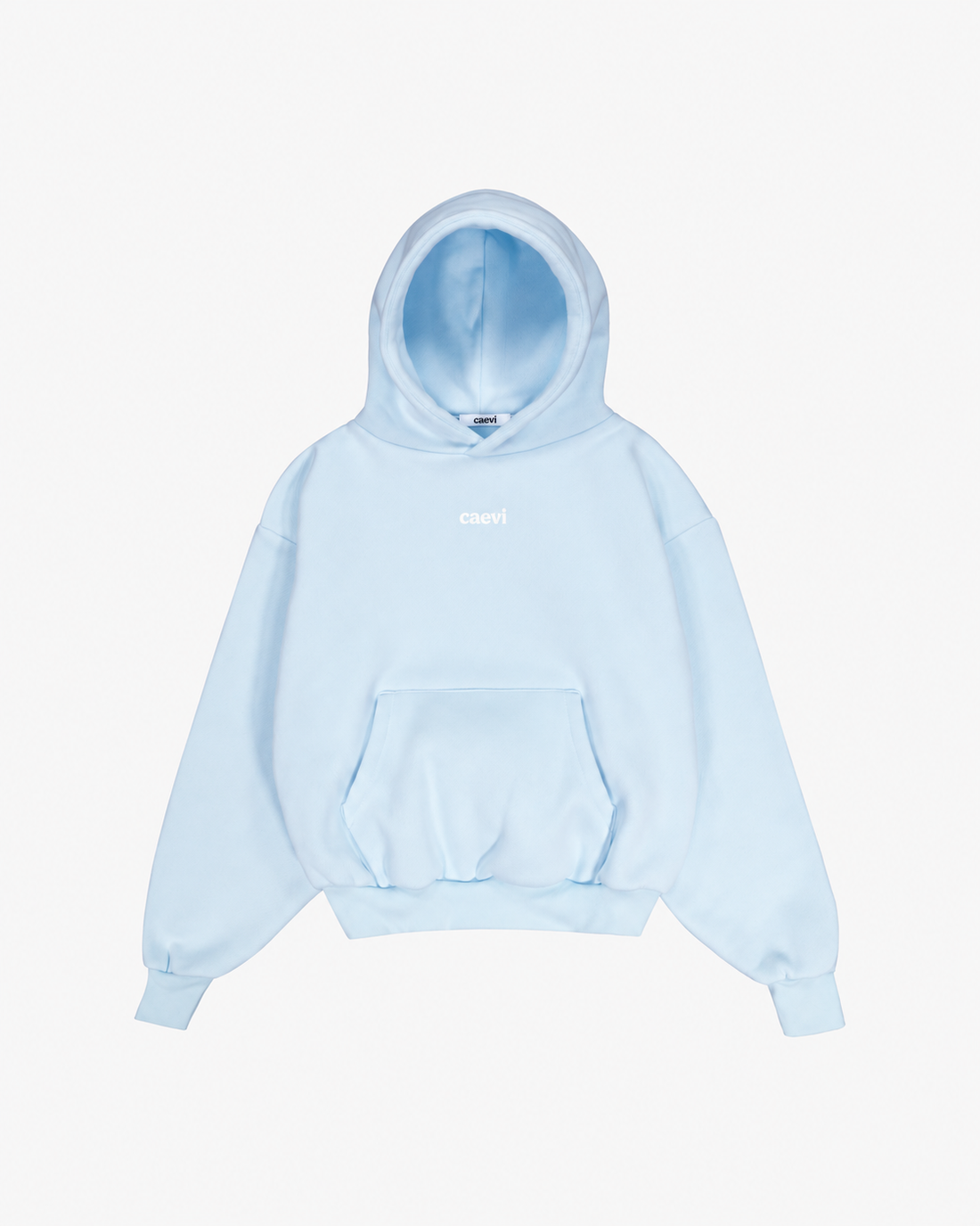 CAEVI Essential Heavyweight Hoodie in Powder Blue – model styling view
