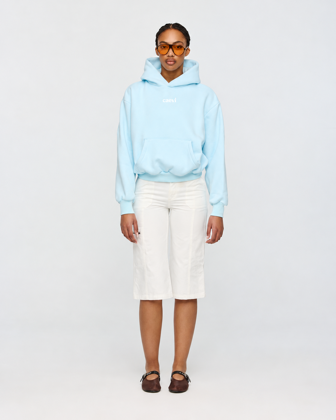 CAEVI Essential Heavyweight Hoodie in Powder Blue – model styling view