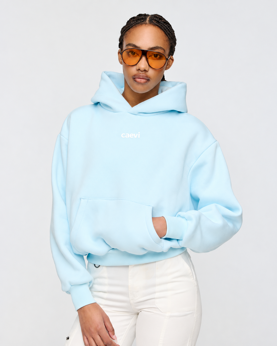 CAEVI Essential Heavyweight Hoodie in Powder Blue – model styling view