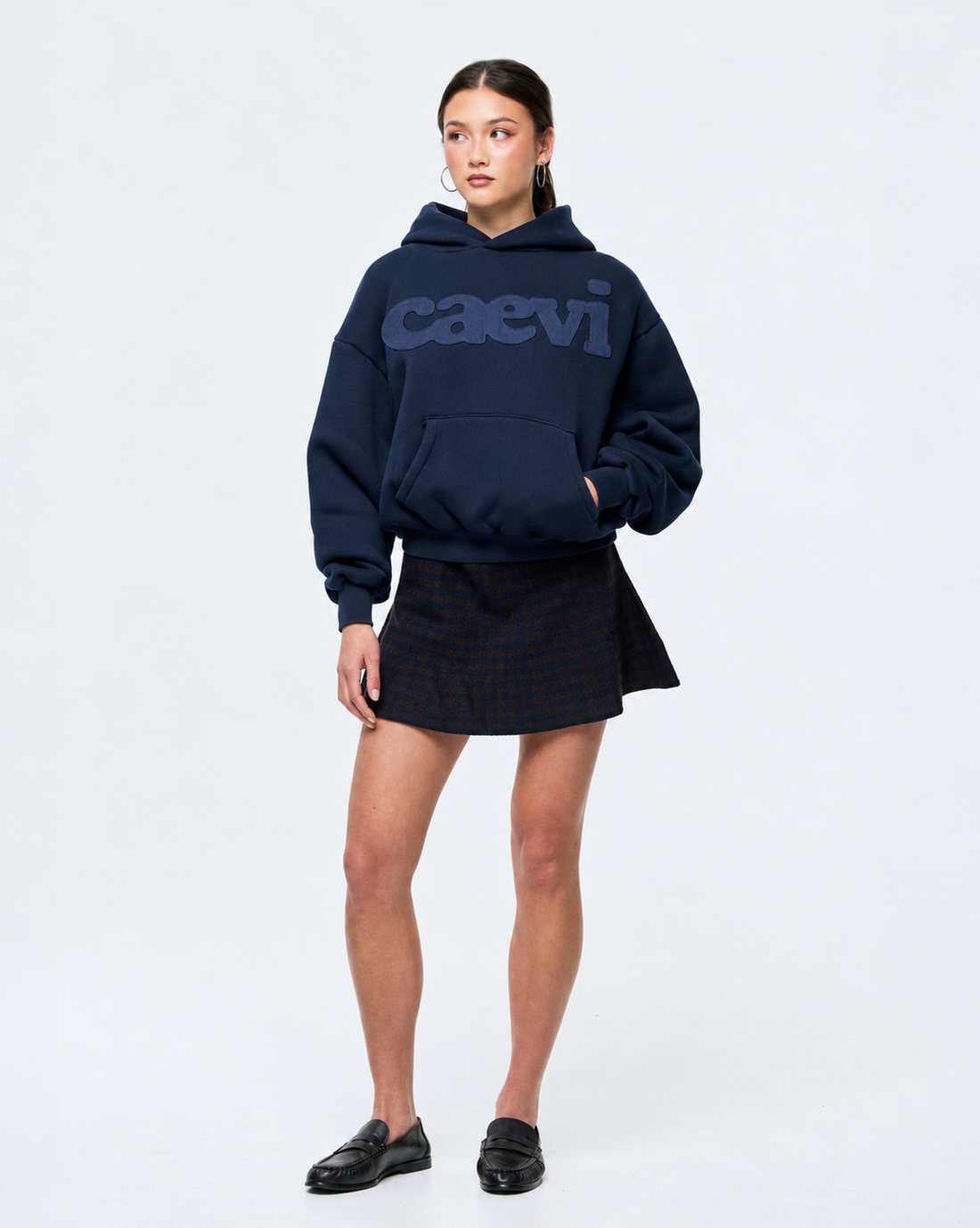 CAEVI Statement Heavyweight Hoodie in Navy – model styling view