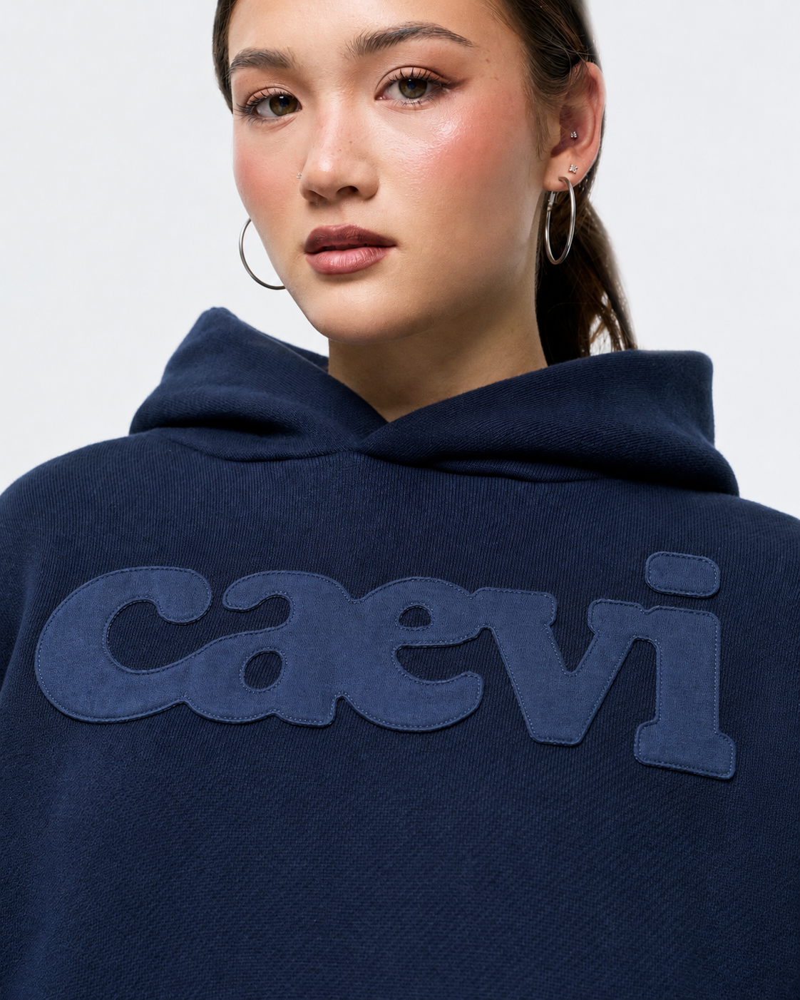 CAEVI Statement Heavyweight Hoodie in Navy – model styling view