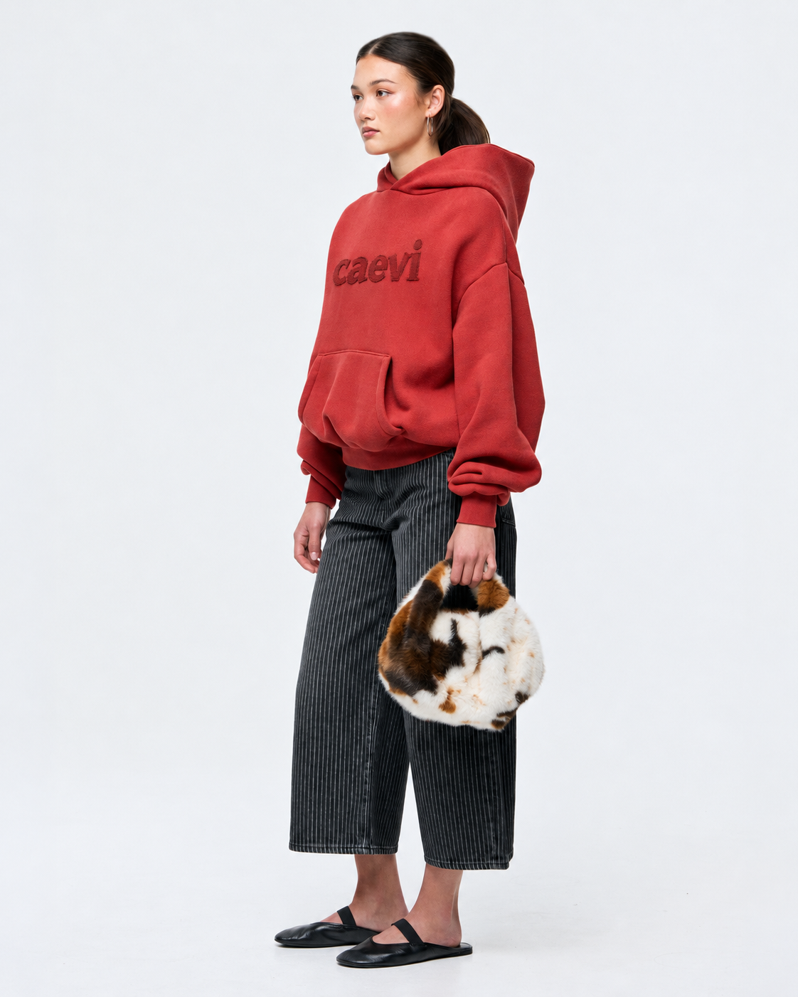 CAEVI Appliqué Heavyweight Hoodie in Crimson – logo detail and fit view