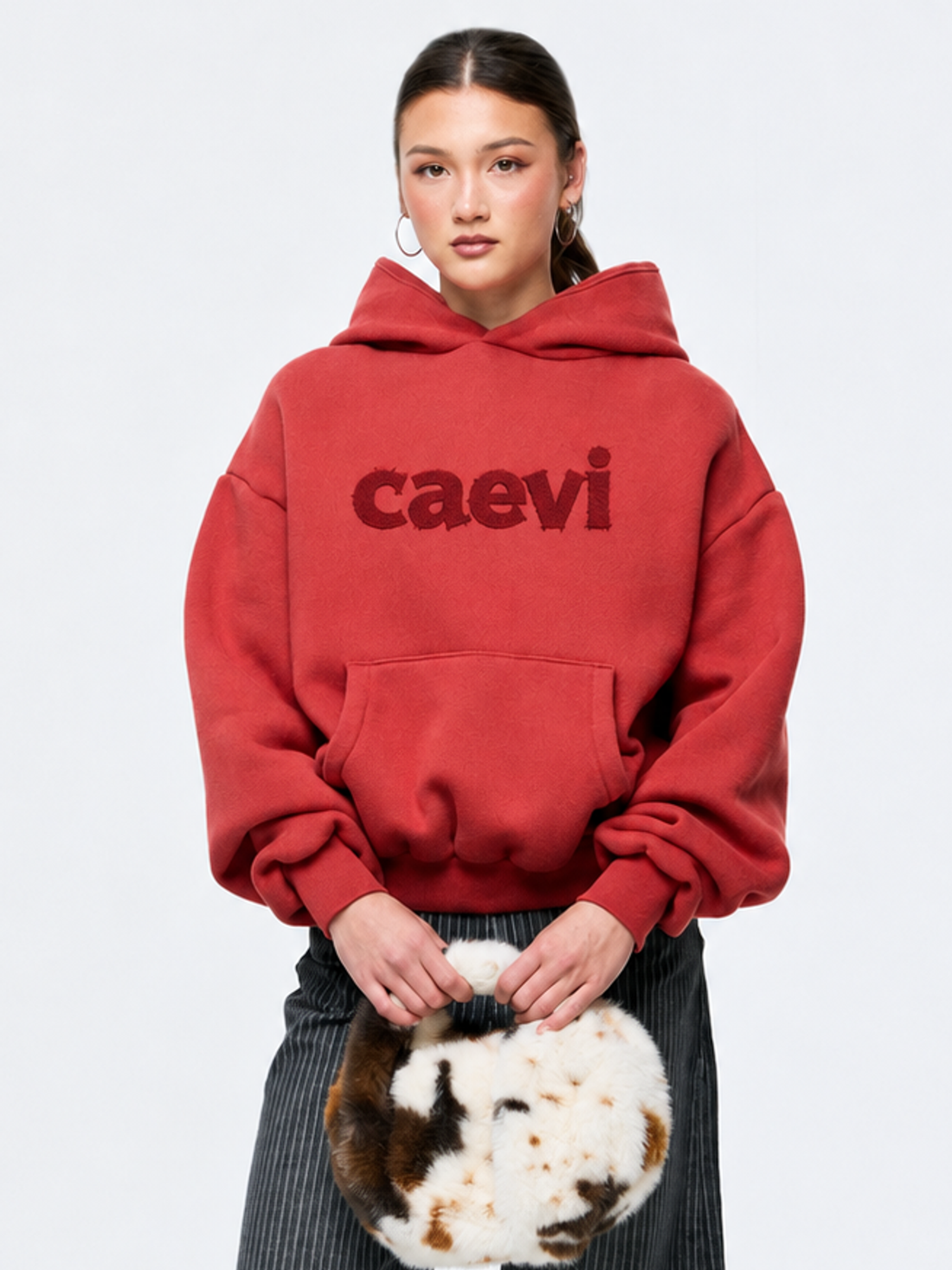 Appliqué Heavyweight Hoodie in Crimson – front upper-body model view
