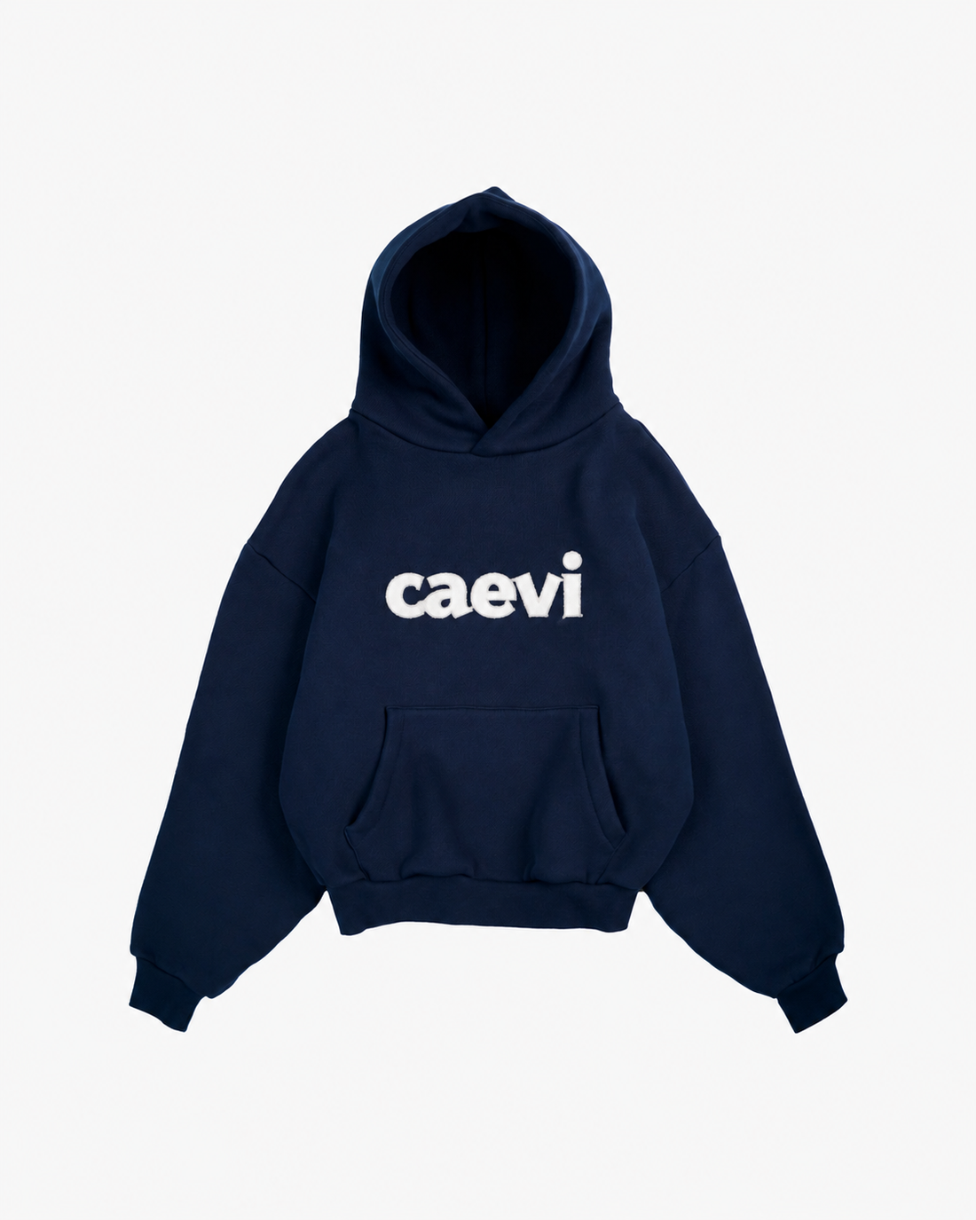 CAEVI Appliqué Heavyweight Hoodie in Navy – model styling view