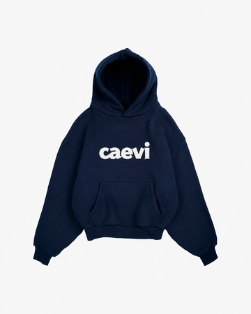 CAEVI Appliqué Heavyweight Hoodie in Navy – front product view