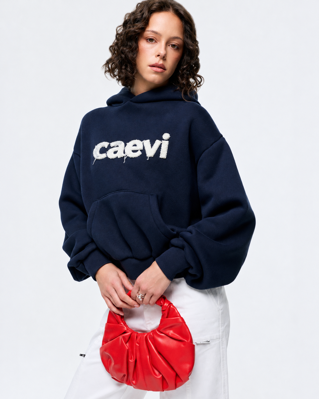CAEVI Appliqué Heavyweight Hoodie in Navy – model styling view